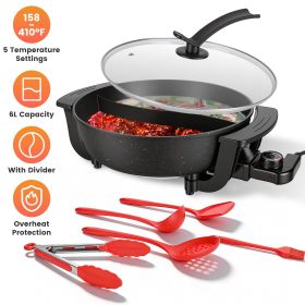 6L Electric Hot Pot with Divider 1100W Dual-Flavor Pot Shabu Shabu Pot Non-Stick with 5-Temp Control for Shabu Shabu Fondue Perfect for Family Ga (Color: Black)